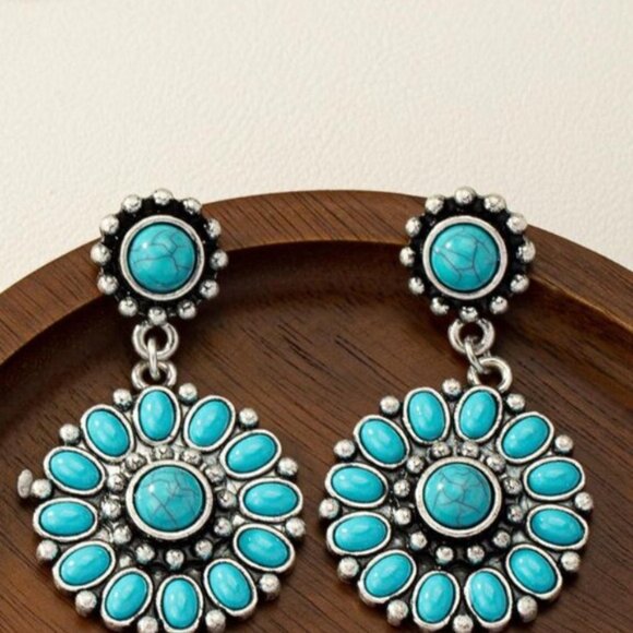 Athena Galore Jewelry - Turquoise and Silver Floral Drop Earrings